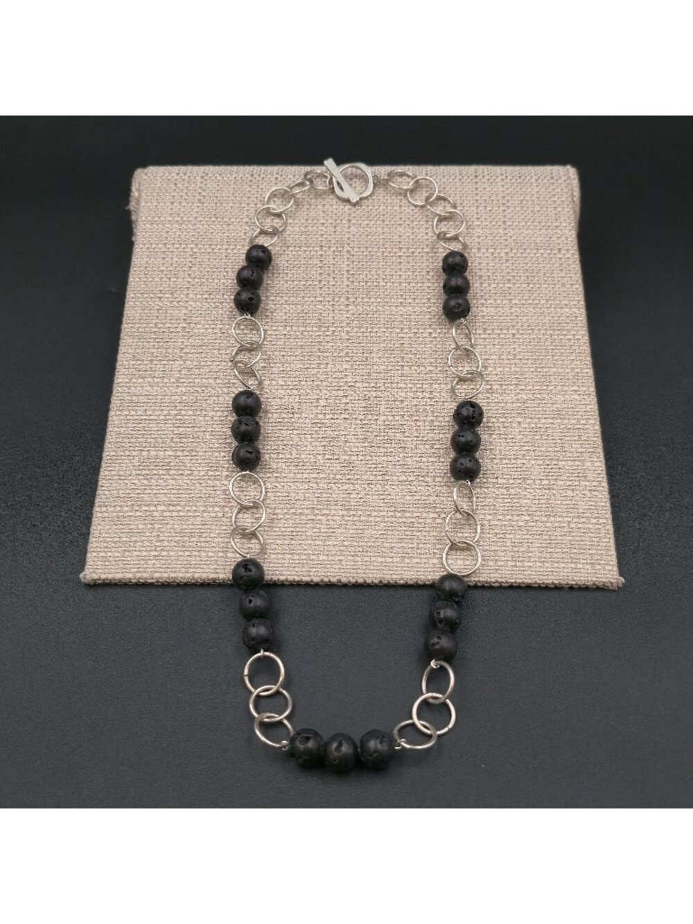 25" Natural Black Lava Stone Diffuser Necklace - Chunky Industrial Link Jewelry